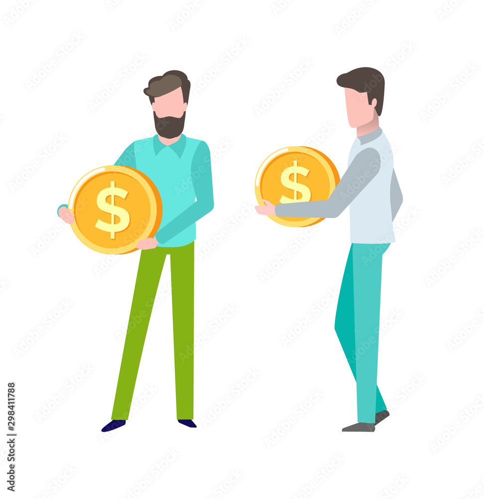 Person with finance assets, gold coin in hands of client of bank, deposit and savings, money capital, salary and business success giving profit. Vector illustration in flat cartoon style Person with finance assets, gold coin in hands of client of bank, deposit and savings, money capital, salary and business success giving profit. Vector illustration in flat cartoon style
