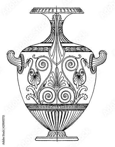 Greek Hydria is used as a water-pot to carry water with from springs, vintage engraving.