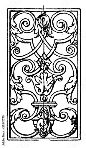 Wrought-Iron Oblong Panel is an 18th century balaustrade design, vintage engraving.