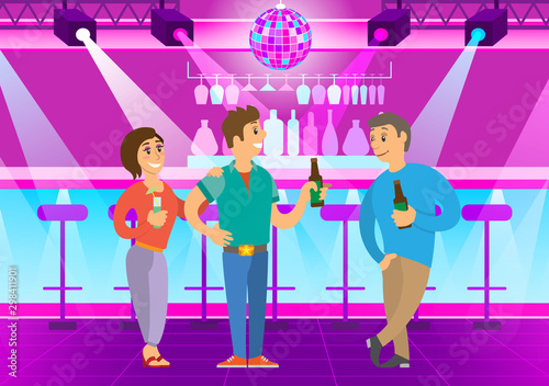 Drinking people talking in club, rest and relaxation in evening. Man and woman leading conversation, bottle of beer in hands, clubbers smiling. Vector illustration in flat cartoon style