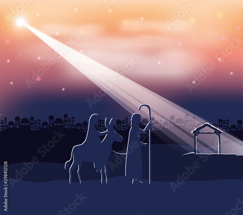 saint joseph and mary virgin in mule manger silhouette