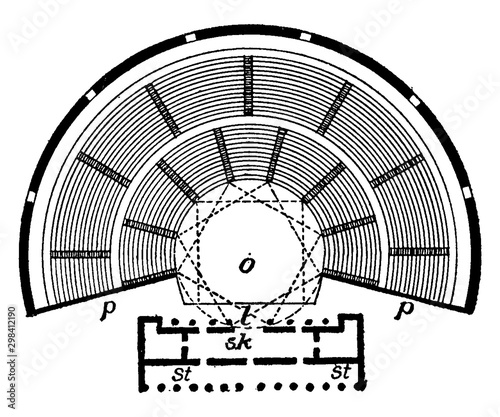 Plan of Greek Theatre is a plans structure layout of this building, vintage engraving.