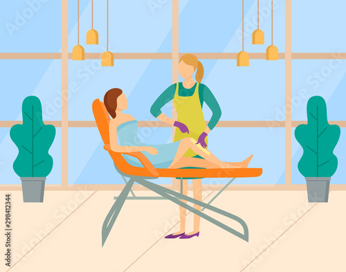 Client having procedures in spa salon, body wrap for getting rid of cellulite. Epilation and depilation, minimizing mask. using wax. Vector illustration in flat cartoon style