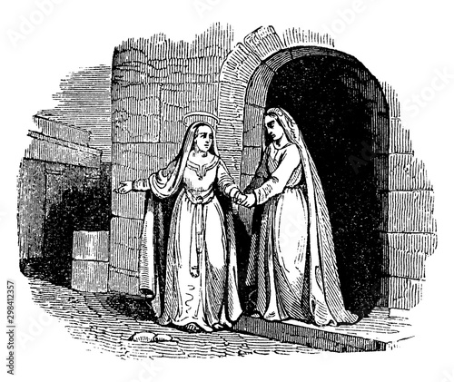 The Visitation - Mary Departs from Elizabeth's Home vintage illustration.