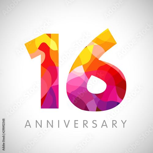 16 th anniversary numbers. 16 years old yellow coloured logotype. Age congrats, congratulation idea. Isolated abstract graphic web design template. Creative 6, 1 digits. Up to 16% percent off discount
