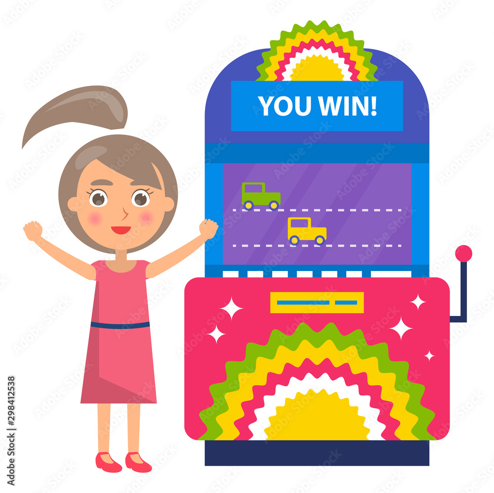 You win race, winner woman playing game machine. Female with rising hands  standing near colorful gambling equipment, joystick with screen and player.  Vector illustration in flat cartoon style Stock Vector | Adobe