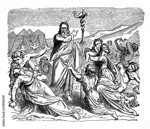 Moses and the Serpent of Brass vintage illustration.