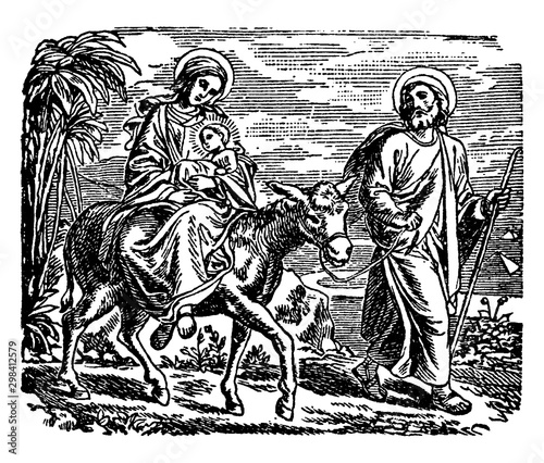 Canvas-taulu The Flight into Egypt - Mary, Joseph, and Jesus Flee from King Herod vintage illustration