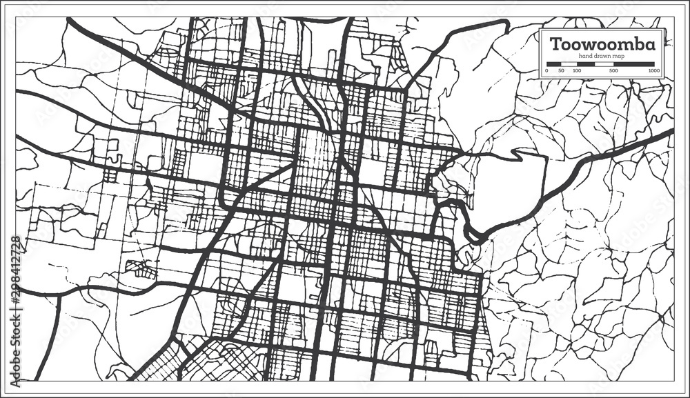 Toowoomba Australia City Map in Black and White Color. Outline Map.