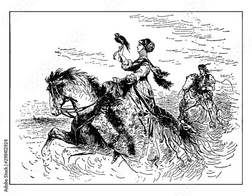 Falconry as Practiced by a Noblewoman of the Middle Ages on Horseback vintage illustration.