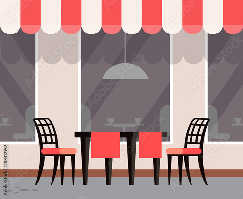 Cafe with exterior design, table with chairs and tablecloth. Window of restaurant, outdoors furniture terrasse for eating outside, street view. Vector illustration in flat cartoon style