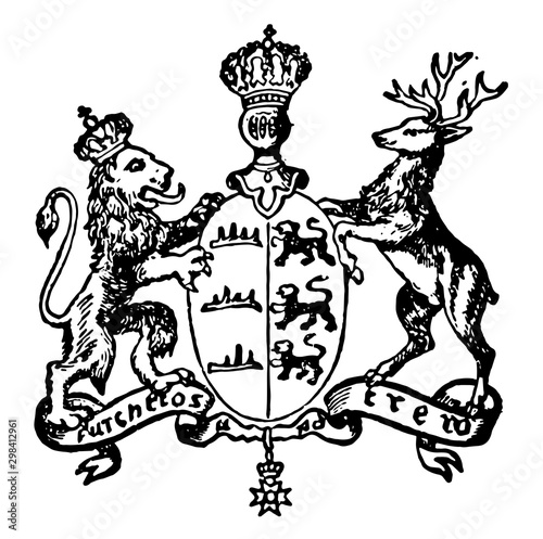 Wurtemberg Coat of Arms have lion and deer, vintage engraving.