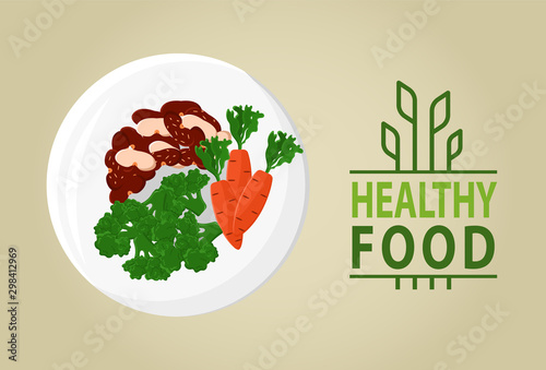 Healthy food poster, carrot and cabbage, kidney beans on plate, vegan food, healthy meal or diet products, assortment of fresh vegetables on dish. Vector illustration in flat cartoon style