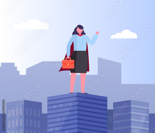 Lady wearing formal clothes holding briefcase vector, business hero, superwoman in city flat style.Skyscrapers and high building with person working hard