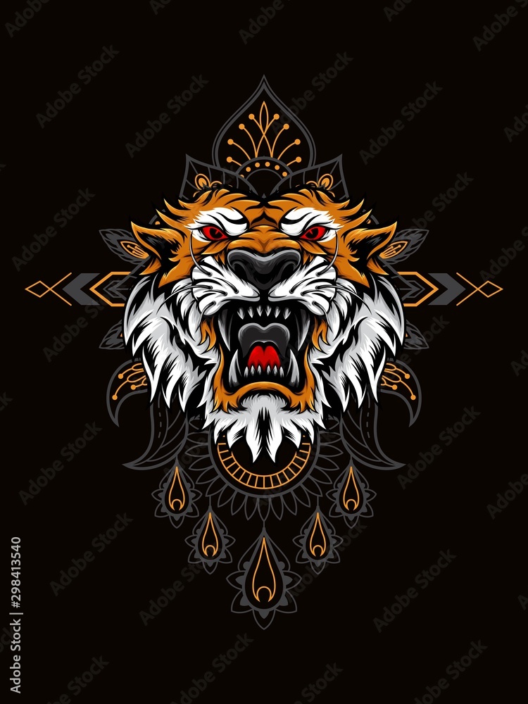 Tiger head vector illustration with mandala as the background ornament, suitable for apparel merchandise, t-shirt or outerwear. Tiger head vector illustration with mandala as the background ornament, suitable for apparel merchandise, t-shirt or outerwear.