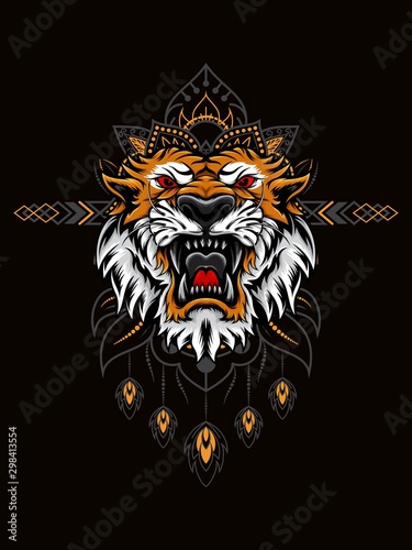 Tiger head vector illustration with mandala as the background ornament, suitable for apparel merchandise, t-shirt or outerwear.