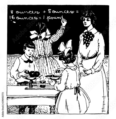 Weighing Apples or students working,  vintage engraving.