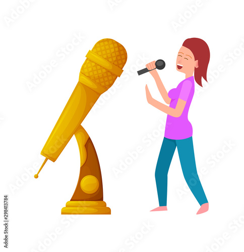 Gold prize for best performer, woman with mike singing and dancing. Performance of lady with microphone and award for live concert contest. Vector illustration in flat cartoon style