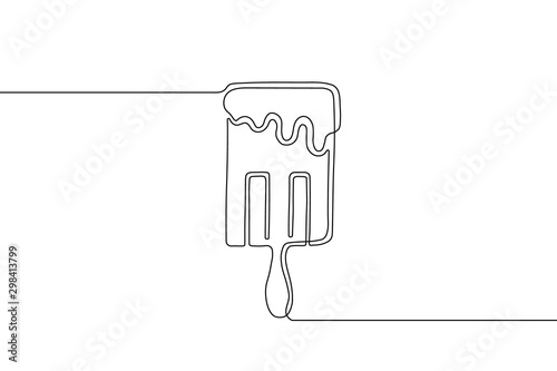 Rectangular ice cream various tastes with liquid cream or chocolate on top and wooden stick drawing in style of one continuous line black color. Self drawing