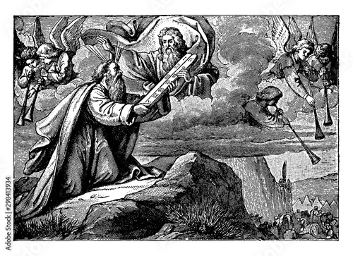 Moses Receives the Ten Commandments on Two Tablets of Stone vintage illustration.