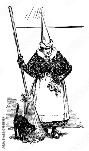 Witch and Cat, vintage illustration