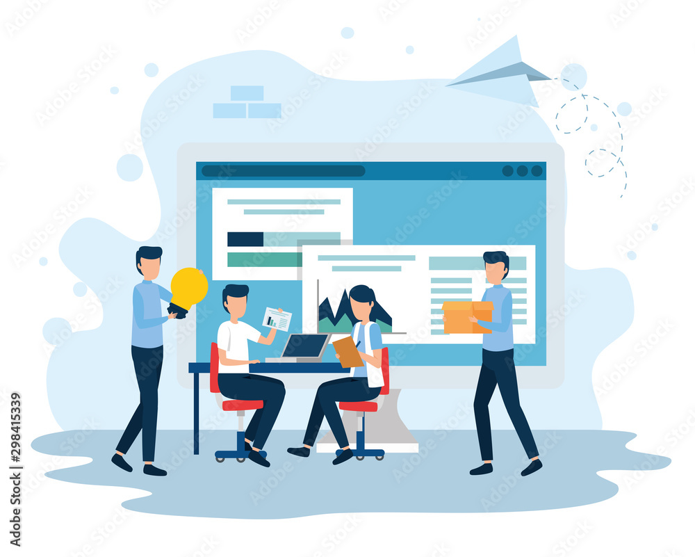 teamwork mini workers with computer and icons vector illustration design teamwork mini workers with computer and icons vector illustration design