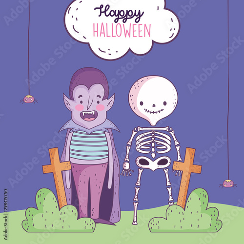 happy halloween celebration boys dracula and skeleton cemetery