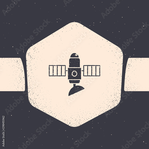 Grunge Satellite icon isolated on grey background. Monochrome vintage drawing. Vector Illustration