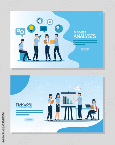teamwork set scenes of analysis infographic vector illustration design