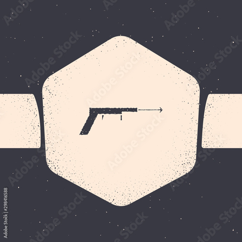 Grunge Fishing harpoon icon isolated on grey background. Fishery manufacturers for catching fish under water. Diving underwater equipment. Monochrome vintage drawing. Vector Illustration