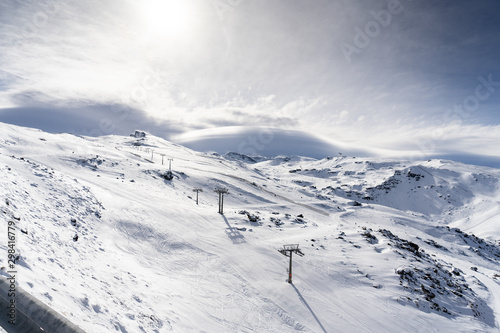 Ski resort of Sierra Nevada in winter, full of snow.
