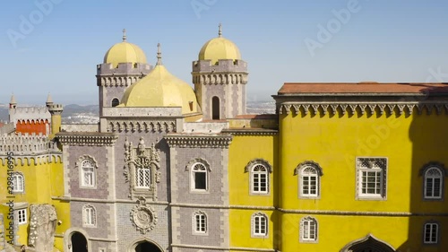 flying with drone above Pena palace in Portugal 4k aerial drone