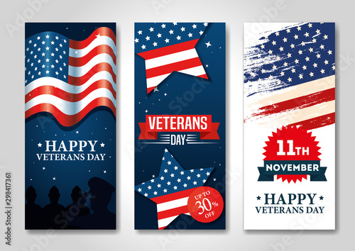 set poster of veterans day celebration vector illustration design