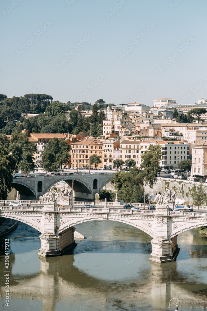 Sights and ancient places of Italy. Angel bridge in Rome at dawn.