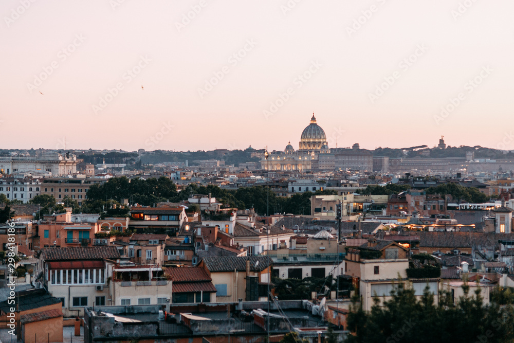 Architecture and panoramas of the old city. Sunset and streets of Rome in Italy.