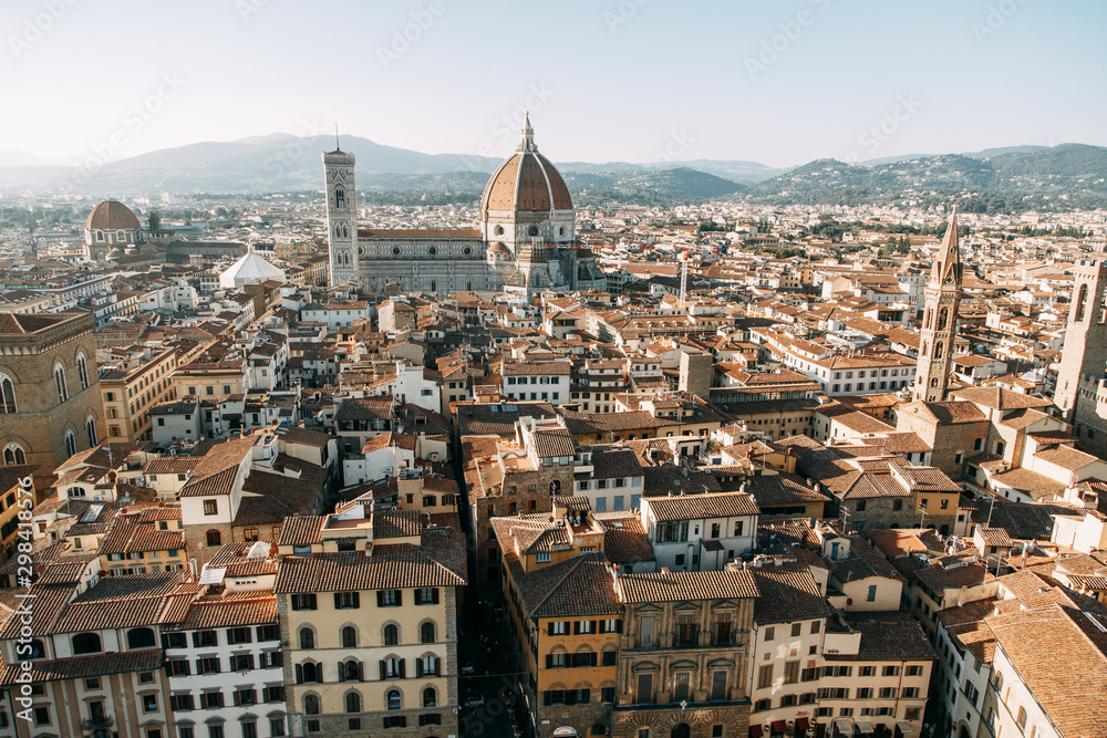 Panoramas and sights of the evening city. Santa Maria at sunset in Florence.