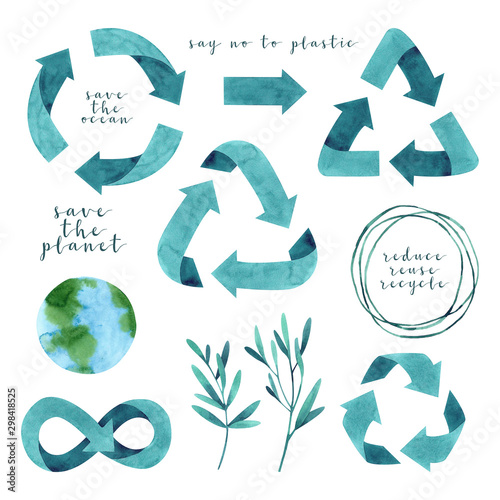 Watercolor set with blue recycling signs, planet Earth and sprig with leaves, isolated on white background. Hand drawn reuse symbol for ecological design. Zero waste lifestyle. 