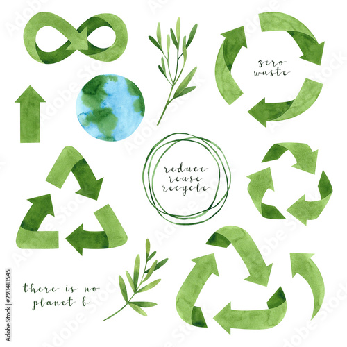 Watercolor set with green recycling signs, planet Earth and sprig with leaves, isolated on white background. Hand drawn reuse symbol for ecological design. Zero waste lifestyle. 
