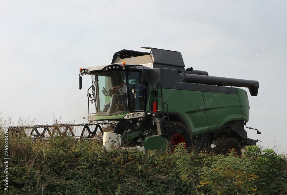 Obraz premium Combine harvester at work on an edge of a field in a cloudy day of early autumn