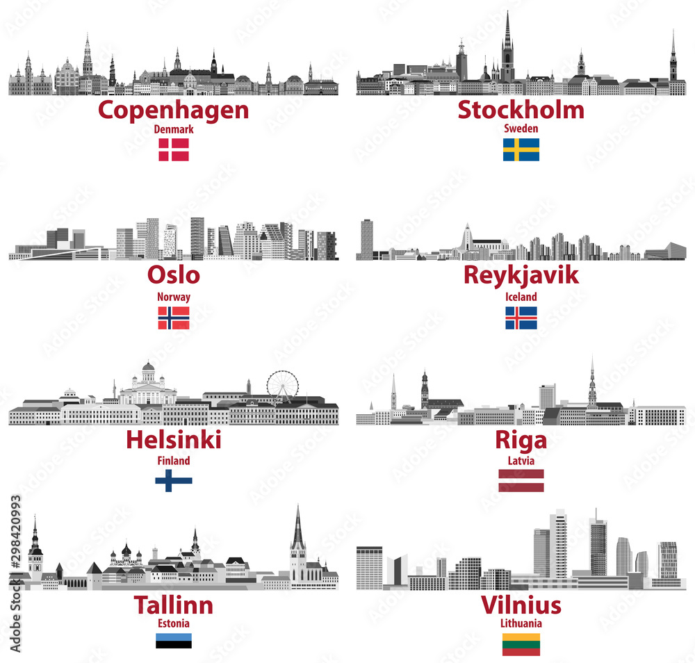 Baltic and Scandinavian countries' cities skylines: Copenhagen, Stockholm, Oslo, Reykjavik, Helsinki, Riga, Tallinn, Vilnius. Vector set