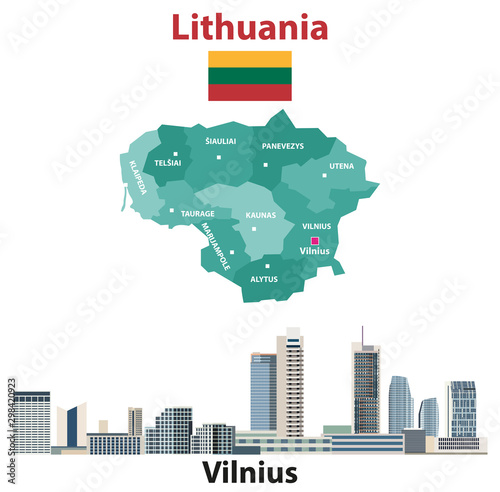 Lithuania regions map and flag. Vilnius city skyline. Vector illustration