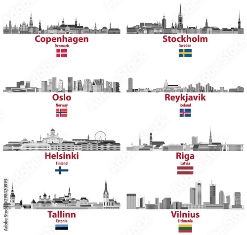 Baltic and Scandinavian countries' cities skylines: Copenhagen, Stockholm, Oslo, Reykjavik, Helsinki, Riga, Tallinn, Vilnius. Vector set photo