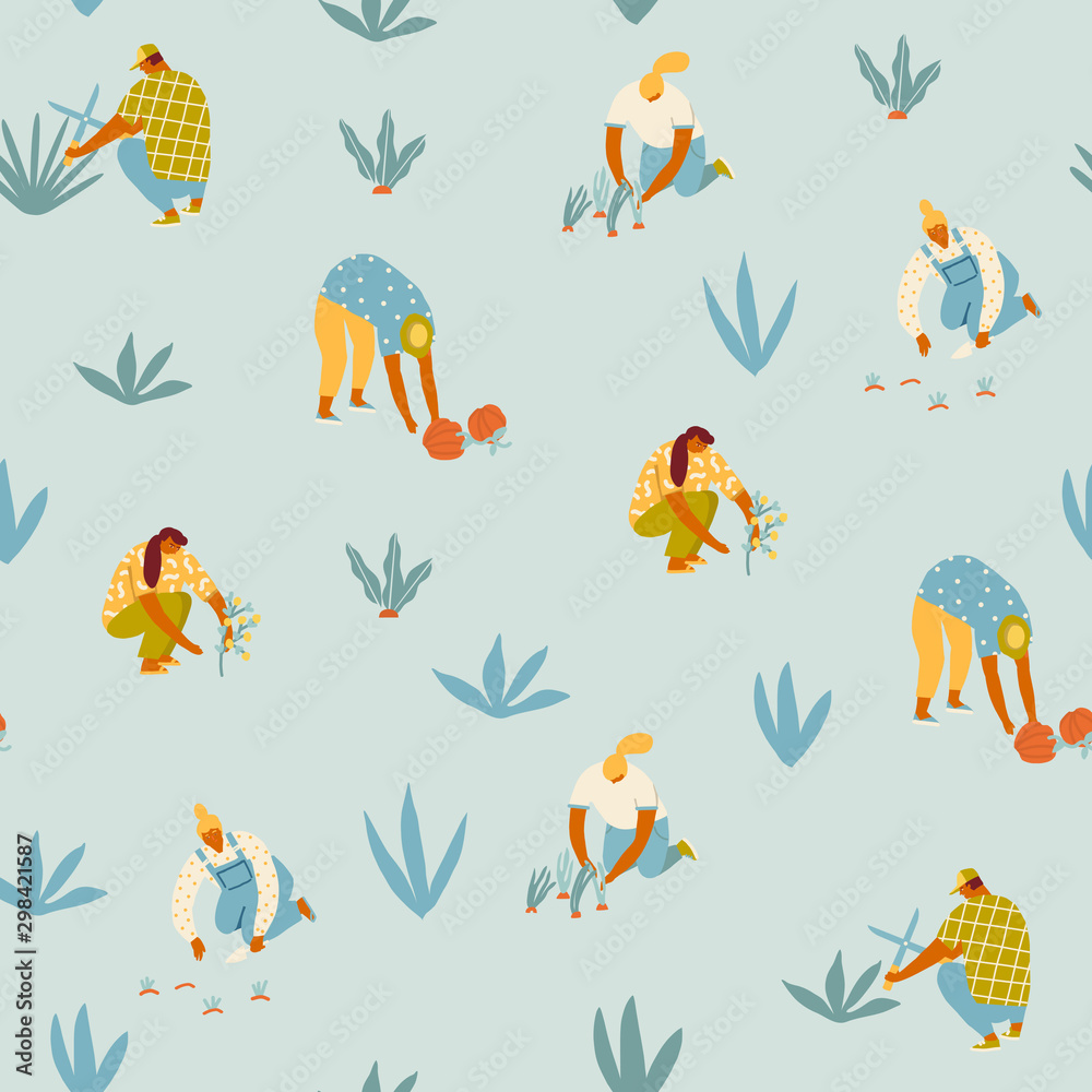 Obraz premium Farmer gardener cartoon girl growing vegetables and flowers on the farm illustration in vector. 