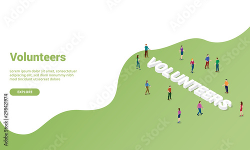 volunteers people concept isometric for website template or landing homepage banner - vector