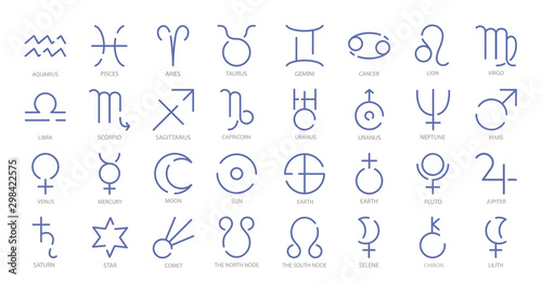 12 signs of the zodiac. And uranus, neptune, mars, venus, mercury, moon, sun, earth, plito, jupiter, saturn, star, comet, the north node, the south node, selene, chiron, lilith signs. Vector icons photo