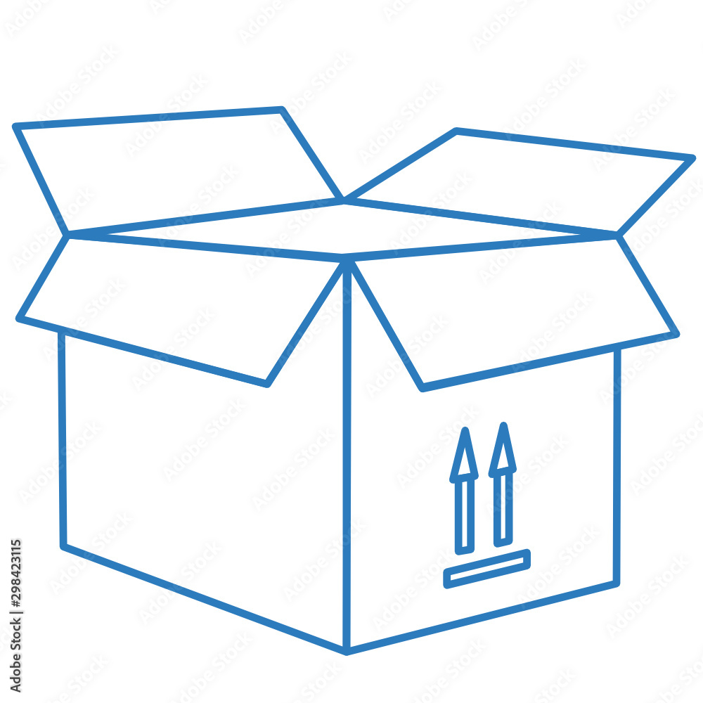 A paper box on which there is a marking in the form of two arrows, indicating where the top is, vector blue drawing, sketchy icon on a white background A paper box on which there is a marking in the form of two arrows, indicating where the top is, vector blue drawing, sketchy icon on a white background