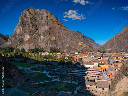Inca ruins of Ollantaytambo. View from Urubamba valley to old village of Ollantaytambo, Cusco region, Peru.