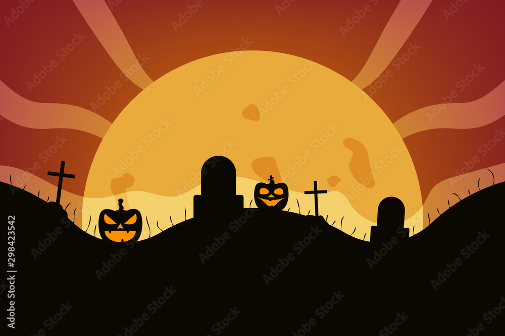 Halloween landscape with pumpkin, grave and moon. Hand of zombie, moon and stars. Magic autumn holiday elements. Vector illustration design.