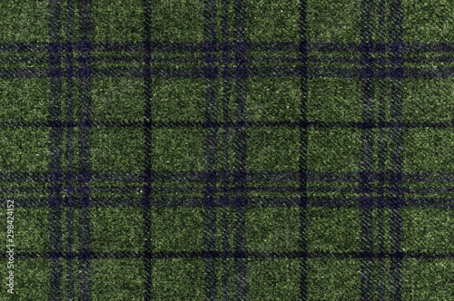 Purple and grey stripes on green grass color woolen fabric. Rich tones. Country windowpane tweed riding jacket. Shetland wool. Expensive men's suit fabric. High resolution photo
