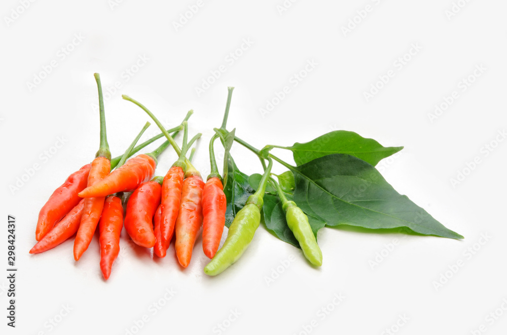 chilli with green leaves, Herb, Spice,isolated on white background chilli with green leaves, Herb, Spice,isolated on white background
